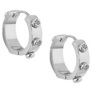 NEW!! AUTHENTIC TORY BURCH SMALL SILVER MILLER STUDDED HUGGIE HOOP EARRINGS